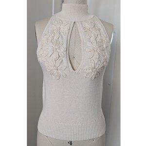 BCBGMAXAZRIA Ivory Fully Fashioned Knit Floral High Neck Tank Size S